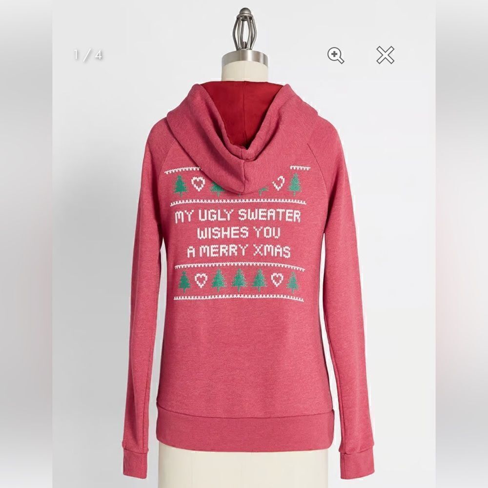 Modcloth Next Level Love My Ugly Christmas Sweater Zip Hoodie Sweatahirt Red L
